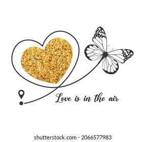 Golden Glitter Heart Shape with White Butterfly, Vector Design for Fashion and Poster Prints, T Shirt, Poster, Wall Art, Sticker, Phone Case, Ornament, Towel, Bag, Love Quotes