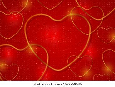 Golden glitter hearts and dots on red background. Abstract Valentines Day greeting card. Vector illustration