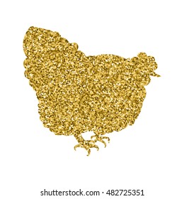 Golden glitter hen on white background. Hand-drawn doodle silhouette . Vector illustration.