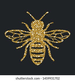 Golden Glitter Honey Bee Shape On Black Background. Vector Silhouette.