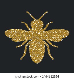 Golden Glitter Honey Bee Shape On Black Background. Vector Silhouette.