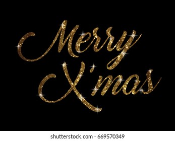 The golden glitter of isolated hand writing word  Merry Christmas on black blackground