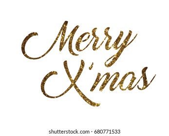 The golden glitter of isolated hand writing words Merry Christmas on white background