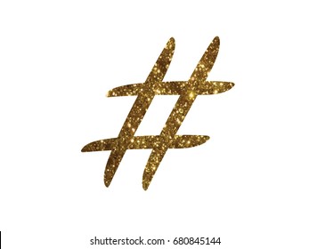 The golden glitter of isolated hand writing word  hashtag symbol on WHITE background