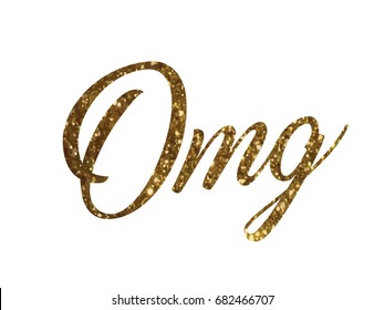 The golden glitter isolated hand writing word OMG on white background