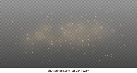 Golden glitter and light burst with sparkling star effect. Abstract festive background with shiny bokeh, magic glow and warm flare. Vector dust particles and confetti for holiday or new year card.