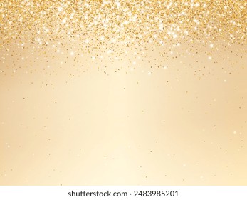 Golden glitter lights background. Sparkling glittering rain effect. Celebration backdrop for Christmas, wedding, birthday party. Luxury metallic frame, border. Vector.