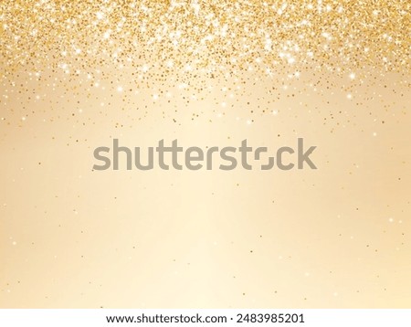 Golden glitter lights background. Sparkling glittering rain effect. Celebration backdrop for Christmas, wedding, birthday party. Luxury metallic frame, border. Vector.