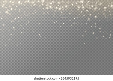 Golden glitter lights and glowing particles falling from the top. Festive vertical overlay for Christmas, New Year, celebration design. Remove transparent background in vector file.