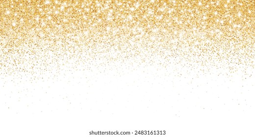 Golden glitter lights isolated on white background. Sparkling glittering rain effect. Celebration backdrop for Christmas, wedding, birthday party. Luxury metallic frame, border. Vector.