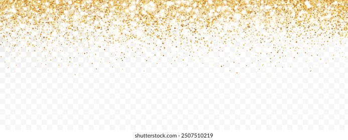 Golden glitter lights isolated. Sparkling glittering rain effect. Luxury backdrop for Christmas, wedding, birthday party. Metallic frame, border. Transparent background can be removed in vector file.