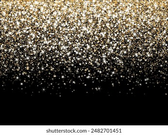 Golden glitter lights on black background. Sparkling glittering rain effect. Celebration backdrop for Christmas, wedding, birthday party. Luxury metallic frame, border. Vector.
