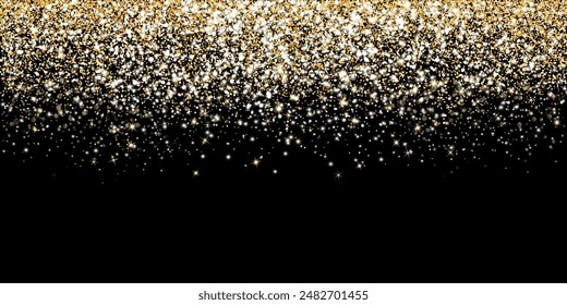 Golden glitter lights on black background. Sparkling glittering rain effect. Celebration backdrop for Christmas, wedding, birthday party. Luxury metallic frame, border. Vector.