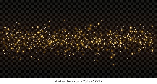 Golden glitter line, particles, stars, magic sparkles. Isolated glow flare light effect. Luxurious luminous points. Abstract bright effect for New Year, birthday, awarding designs.