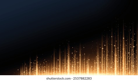 Linhas de brilho dourado no plano de fundo preto. Ilustração realista vetorial de estrelas cintilantes e partículas de poeira estelar brilhando na escuridão, efeito bokeh festivo, projeto de férias, boate mostrar pano de fundo
