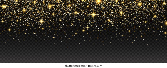 Golden glitter long banner. Luxury greeting card with gold glitter particles effect. Celebration background. Sparkling texture. Christmas bright design. Star dust. Vector illustration.