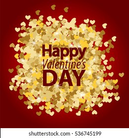 Golden glitter love heart. Happy valentines day and wedding sparkle design elements. Vector shiny illustration on red background template