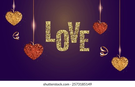 Golden Glitter Love Text with Hearts Hang on Purple Background for Happy Valentine's Day Banner.