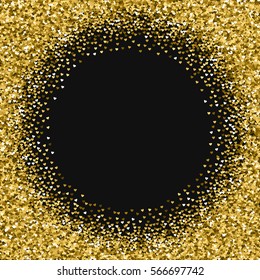 Golden glitter made of hearts. Bordered frame on black valentine background. Vector illustration.