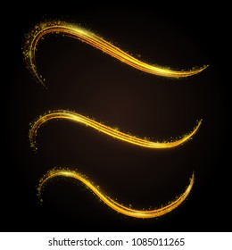 Golden glitter magic line waves with gold particles isolated on gradient background. Abstract sparkle stardust collection. Bright glowing decorative design element for promo, card, poster. Vector