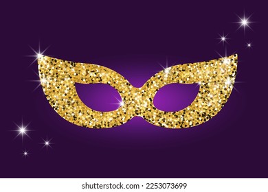 Golden Glitter Masquerade mask on dark purple background. For Mardi gras, Christmas, New Year, Venice, Brazilian Carnival. Celebration greeting card. Vector illustration