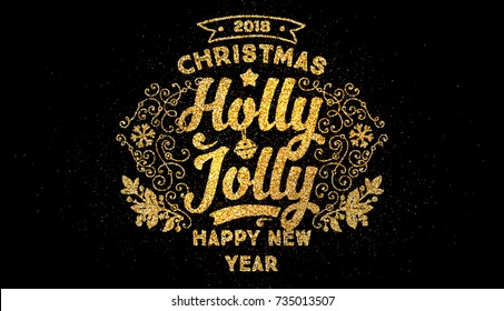Golden glitter Merry Christmas and Happy New Year greeting card template | Xmas decoration | Holiday label for posters, placards, banners, flyers and brochures