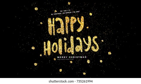 Golden glitter Merry Christmas and Happy New Year greeting card template | Xmas decoration | Holiday label for posters, placards, banners, flyers and brochures