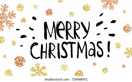 Golden glitter Merry Christmas and Happy New Year greeting card template | Xmas decoration | Holiday label for posters, placards, banners, flyers and brochures