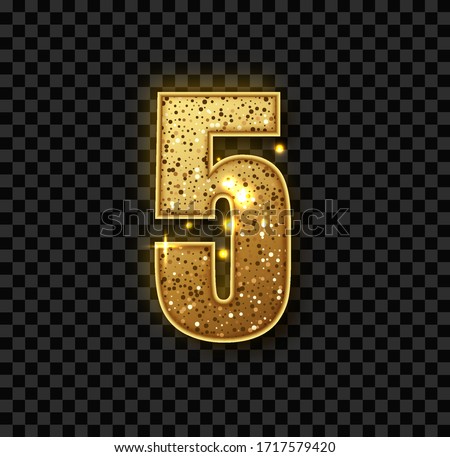 Golden Glitter number five. Vector realistic shining golden number 5 of sparkles. Luxury Golden Glitter elegant celebration design for decoration of cute wedding, anniversary, party, label, headline.