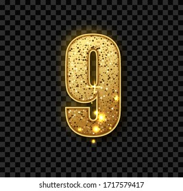 Golden Glitter number nine. Vector realistic shining golden number 9 of sparkles. Luxury Golden Glitter elegant celebration design for decoration of cute wedding, anniversary, party, label, headline.
