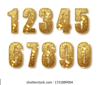 Golden Glitter Number numbers set. Luxury Golden Numbers from 0 to 9 with shimmering glitter isolated on white background. Golden dust, vector illustration.