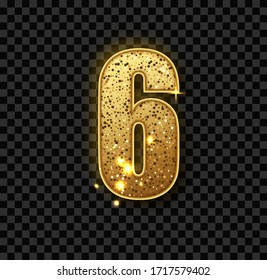 Golden Glitter number six. Vector realistic shining golden number 6 of sparkles. Luxury Golden Glitter elegant celebration design for decoration of cute wedding, anniversary, party, label, headline.