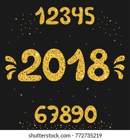 Golden glitter numbers. Doodle confetty numbers vector font