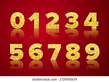 Golden glitter numbers with reflection and shadow in royal style on red background for invitation card and sale banner. Holiday decoration. Vector isolated template.