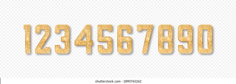Golden glitter numbers. Set of numbers from 0 to 9 with gold glitter and shadow isolated on transparent background. Vector illustration.