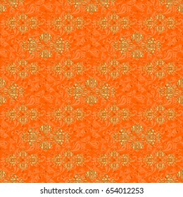 Golden glitter ornaments on a orange background with glowing lights. Seamless pattern of golden elements on a orange backdrop. Kit for decorating festive greeting cards.