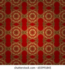 Golden glitter ornaments on a red background with glowing lights. Seamless pattern of golden elements on a red backdrop. Kit for decorating festive greeting cards.
