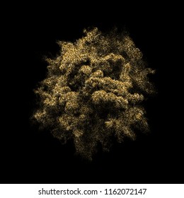 Golden glitter outburst or blast with gold particles powder explosion. Vector abstract space firework or glare splatter on black background