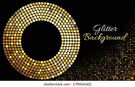 Golden glitter particles background & dust. Luxury gold lights frame background. Gold glitter frame. Luxury celebrations background with metallic gold glitter and confetti. Vector Illustration.