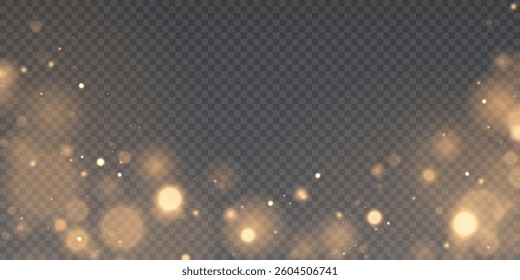 Golden glitter particles with bokeh effect and soft shimmering glitter glow on a transparent background.