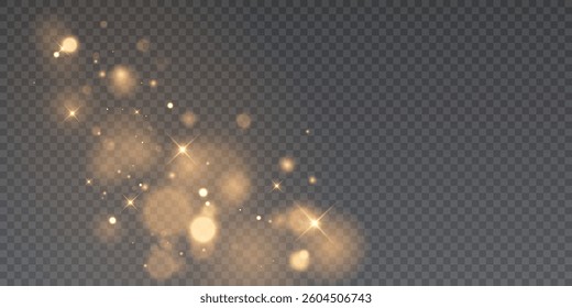 Golden glitter particles with bokeh effect and soft shimmering glitter glow on a transparent background.