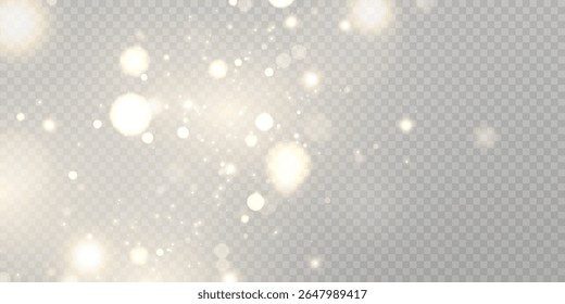 Golden glitter particles with bokeh effect and soft shimmering glitter glow on a transparent background.	
