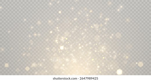 Partículas de brillo dorado con efecto bokeh y suave brillo brillante sobre un fondo transparente.	
