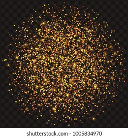 Golden glitter particles in circular design on dark transparent background.