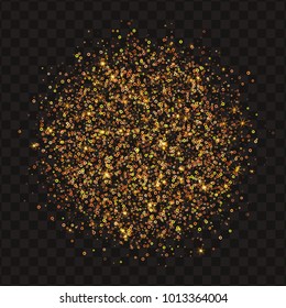 Golden glitter particles in circular design on dark transparent background.
