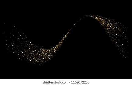 Partículas de brillo dorado o traza de onda espacial brillante. Luz de oro vectorial o traza de retorsión de confeti brillante para Navidad o moda premium y diseño cosmético de lujo