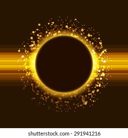 Golden glitter party poster abstract layout with circle surrounded by flare shimmering particle luxurious pattern. Vector illustration