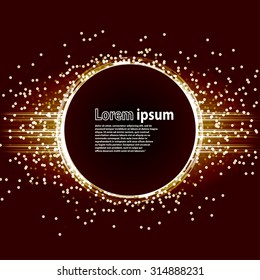 Golden glitter party poster abstract layout with circle surrounded by flare shimmering particle luxurious pattern. Vector illustration