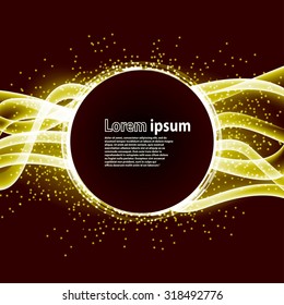Golden glitter party poster abstract layout with circle surrounded by flare shimmering particle luxurious pattern. Vector illustration