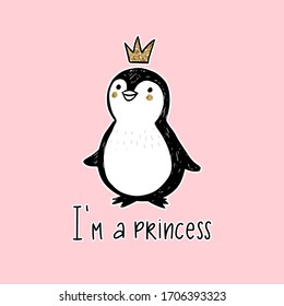 Golden glitter Penguin with crown and lettering - I'm a Princess isolated on white. Baby girl Doodle cute animal illustration. Vector character. For kids or babies t-shirt design, room decoration.